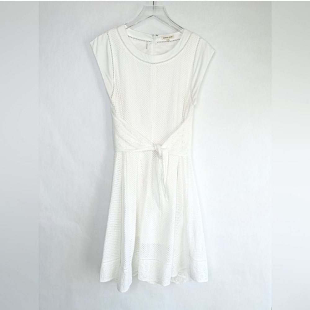 Rebecca Taylor white eyelet cap sleeve tie waist hankerchief hem dress size 8